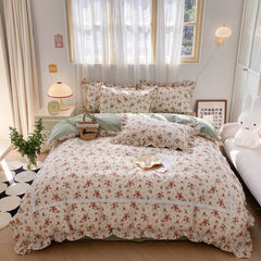 Yickyue 100% Cotton Vintage French Country Small Floral Bedding Set Ruffled Edges Flower Pattern Duvet Cover Set Bed Sheet Pillowcases