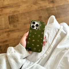 YICKYUE - Retro Full Screen Little Flower Green Glacial Pattern Texture Phone Cover Case for iPhone 16 15 14 13 12 Pro Max