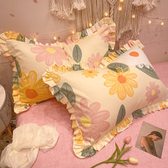 Yickyue 100% Cotton Pillowcase Nordic Ins Flower Printing Lotus Leaf Lace Pillow Core Protection Cover Bedside Cushion Cover