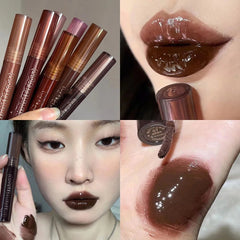 Yickyue Black Tea Brown Lip Gloss Mirror Transparent Glass Lip Glaze Lava Chocolate Liquid Lipstick Non-stick Makeup Lip Tint Cosmetic
