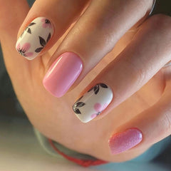 YICKYUE - 24pcs Short square nail, printed, flowers leaves, simple,press nails, women and girls can be reused,Nail Art For DIY Daily Work,