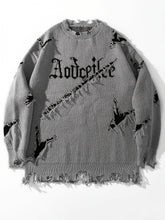 Hearujoy Men's Oversized Distressed Knit Sweater with Embroidered Letters - Gray Casual Streetwear for Fall/Winter, Loose Fit, Long Sleeve, Polyester Blend, Fall Winter Apparel|Distressed Sweater|Decorative Patches
