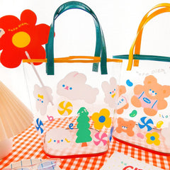 Korean Style Cute Rabbit Flower Clear Beach Bag Transparent Bag Bag Bag Mesh Beach Bag Net Red Girl Heart Single Shoulder Bag