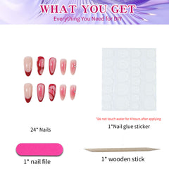 YICKYUE - 24pcs medium long almond nail fake nails, red stripe flash drill blonds bright face fake nails, white full cover fake nails, 202