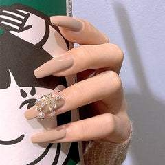 Milk tea color decorated false nails inlaid pearl rhinestone cross pendant wear manicure fake nail nail patch TN