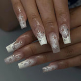 Yickyue Shiny Rhinestone White Stars French Nail Art Fashion Simple False Nails Detachable Finished Fake Nails Press on Nails with Glue