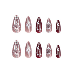 YICKYUE - Goth Style False Nails Moon Star Printed Glossy Almond Fake Nail Patch Korean Cool Artificial Nails Tips Wearable Free Shipping