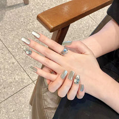 YICKYUE - Handmade green Press on Nails Three-dimensional flower And rhinestone Reusable False Cat Eye Nail Full Cover Nail Tip mi