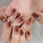 Yickyue 24pcs/Box New False Nails Amber Gold Foil Coffee Short Simple Fake Nails Set Press On Acrylic Nails With Press Glue Detachab