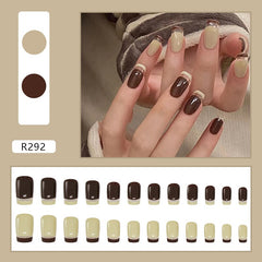 French Two-color Fake Nails Press on False Nail Set Full Cover Artificial Short Square 24pcs/pack With Wearing Tools
