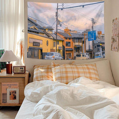 Ins Wall Hanging Cloth Scenery Tapestry Bedhead Wall Tapestries Cartoon Window Short Curtain Street Landscape Printed Tapestry