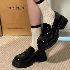 YICKYUE - Women's Retro British Style Black Leather Shoes 34-46 Large Size Uniform Single Shoes Thick Bottom Flat Heels round Toe