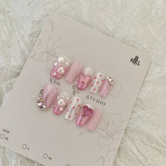YICKYUE - Handmade Wearbale Fake Nail Methyldopamine Ins Style Short Press On Nail Cute Senior Hot Girl Desgin Byself Plastic Flash Pearl