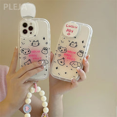 Yickyue Cute Mirror Lens Stand Bracket Phone Case For iPhone 13 12 11 Pro Max XS Max XR X Cartoon Clear Cover Hand Chain Strap Fundas