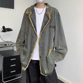 Hearujoy American Vintage Denim Coat Men Women Distressed Broken Hole Tassel Tailored Collar Jeans Wear Spring Autumn Loose Long Jacket