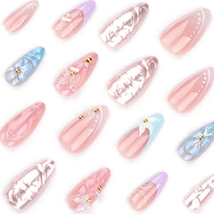 YICKYUE - 24pcs 3D Flower Fake Nail Patch French Almond Summer Sea Shell Decor False Nail Full Cover Wearable Press on Nails Tips for Girl