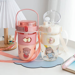 Yickyue 650ml Kawaii Water Bottle For Girl Portable Cute Sticker Kids Travel Tea Milk Cup With Straw Handler Outdoor Sports Plastic Cup