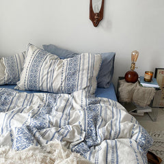 Yickyue 4Pieces Yarn Dyed Wasehed Cotton Boho Bedding set blue white Tribal Striped Geometric Print Duvet Cover with Zipper Ultra soft