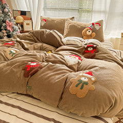 YICKYUE - Brown Cute Christmas Bear Embroidery Bedding Set Single Double Queen Size Duvet cover Set Bed Sheet Pillowcases Christmas Gifts