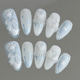 YICKYUE - Handmade Press on Nails with Cute Bear Paw Design Light Blue Fake Nails Full Cover Wearable Sweet Korean Almond False Nail Tips