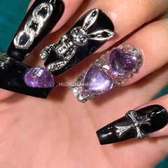 Y2K Punk Design False Nail Aesthetic Handmade Press On Nails Art Rhinestone Fake Nail With Glue Reusable Coffin Tips Manicure
