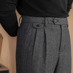 Hearujoy Italian Vintage Suit Pant For Men Autumn Winter Wool Herringbone Pattern Straight Trousers British Style Business Casual Pants