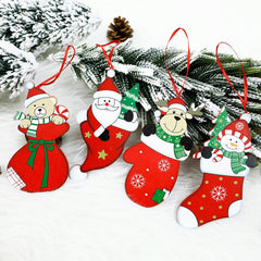 5Pcs Wooden Pendants 3D Hanging Christmas Tree Ornaments Santa Claus Reindeer Wood Chips Xmas Decorations For Home Navidad 2022