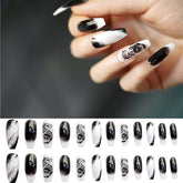 24pcs Removable Black White Blooming Mage Ballet Acrylic Fake Nails Marble Press On Nail Tips Full Cover Manicure Beauty Tools