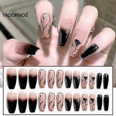 Press On Manicure Black Rose False Nails French Long Press On Nails Elegant Fingernail Stickers Removable Save Time Jelly Gel