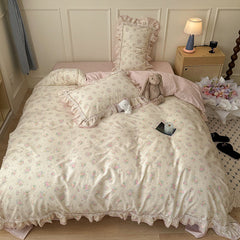 YICKYUE - 3/4Pcs Flower Prints 100% Cotton Korean Princess Style Bedding Set Single Queen Duvet Cover Bed Sheet/Fitted Sheet Pillowcase