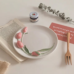 YICKYUE - 8'' Korea Tulip Plate Ceramic Cake Dish Snack Tray Jewelry Dish Decorative Plate Bowl Trays Decorative Nordic Shop Dishes