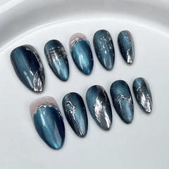 YICKYUE - Dark Blue Cat Eye Fake Nails Medium Almond False Nails Press on With Hand Drawn Metal Lines Wearable Full Cover Almond Nail Tips