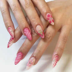 YICKYUE - 24Pcs French Fake Nails Press on Detachable Pink Yellow Gradient False Nail with 3D Butterfly Ripple Design Full Cover Bail Tips