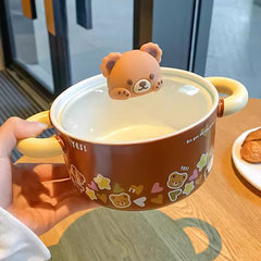 YICKYUE - Kawaii Bear Jumbo Ramen Bowl With Lid Kitchen Tableware Cute Japanese Ceramics Instant Noodles Fruit Salad Soup Bowl Gift 750ml