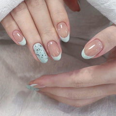 YICKYUE - Handmade Refreshing Mint French Short Oval Press On Nails Eggshell Design False Nails Wearable Manicure For Women And Girls