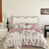 Yickyue 100% Cotton French Style Vintage Rose Lace Ruffles Bedding Set Flowers Duvet Cover Solid Color Bed Skirt Bedspread Pillowcases