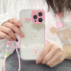 Cute Bear Bunny Korean 3D Tulip Love Beads Bracelet Chain Star Phone Case For iPhone 13 12 11 Pro Max X XS XR Transparent Cover