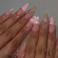 YICKYUE - 24 pcs Pink French Tip Nails with 3D Vacuum Resin Bow and Crystal Design, Removable False Nails for Women and Girls, Full Covera