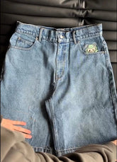 Hearujoy 90s Streetwear Women Retro Kawaii Cartoon Embroidery Shorts Blue Washed Street Hip Hop Baggy Denim Shorts Y2k Jorts Pantalones Cortos De Mujer