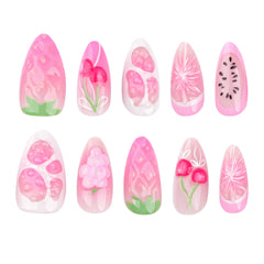 YICKYUE - 24pcs Sweet Pink Fruit Style False Nails 3D Cherry Strawberry Design Ins Korean Cute Fake Nail Tips Girl Wearable Press on Nails