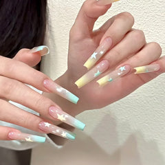 YICKYUE - 10pcs Handmade Long Ballet Press on Nails Summer Blue Yellow Gradient Cat Eye Fake Nails Wearable Sweet Star False Nail Tips