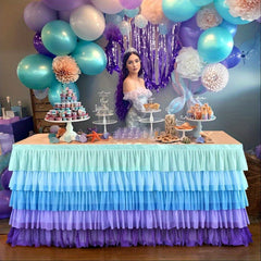 YICKYUE 9ft Mermaid Tablecloth Party Blue Purple Tutu Tulle Table Skirt for Rectangle Round Tables Chiffon Table Decorations for Mermaid Birthday Party Shower Ruffle Table Skirting SKUBESTCM4-2