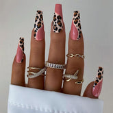 Yickyue Pink Leopard Wave Designs False Nails French Long Coffin Fake Nail Fashion Artificial Full Cover Nail Art Tips Press on Nail