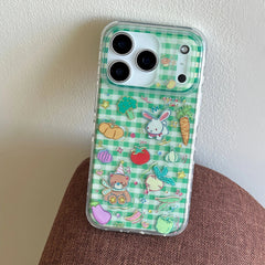 Cute Animal Green Grid Pattern Cartoon Laser Glitter Phone Case for iPhone 13 14 16 15 17 Pro 17ProMax Shockproof Clear Cover