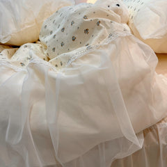 Yickyue Princess Chiffon 100% Cotton Duvet Cover Set with Bed Skirt All Cotton Bedding Set Soft Little Floral Quilt Cover and Pillowcase