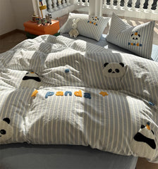 YICKYUE Cute cartoon embroidery panda bedding set,twin full queen king blue stripe cotton home textile bed sheet pillow case quilt cover
