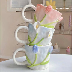 YICKYUE 3D Three-dimensional Relief Ceramic Cup Large Capacity High Appearance Level Hand-painted Kneading Carving Craft Breakfast Cup