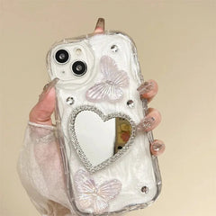 YICKYUE INS 3D Bling Glitter Butterfly Love Heart Makeup Mirror Phone Case For iPhone 13 14 15 16 Pro Max 12 Pro 11 XR XS Silicone Cover