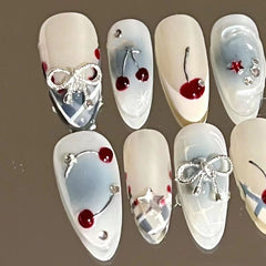 YICKYUE - 10Pcs Handmade Press on Nails French Almond Full Cover Cherries and Bow Design Fake Nails Sweet Cute Manicure Nail For Women