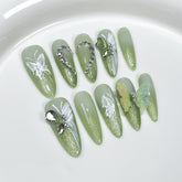 YICKYUE - 10Pcs Green Handmade Almond Press on Nails Cat Eye Summer Wearable False Nails Decoration Gradient Manicure Fake Nail Tips Art